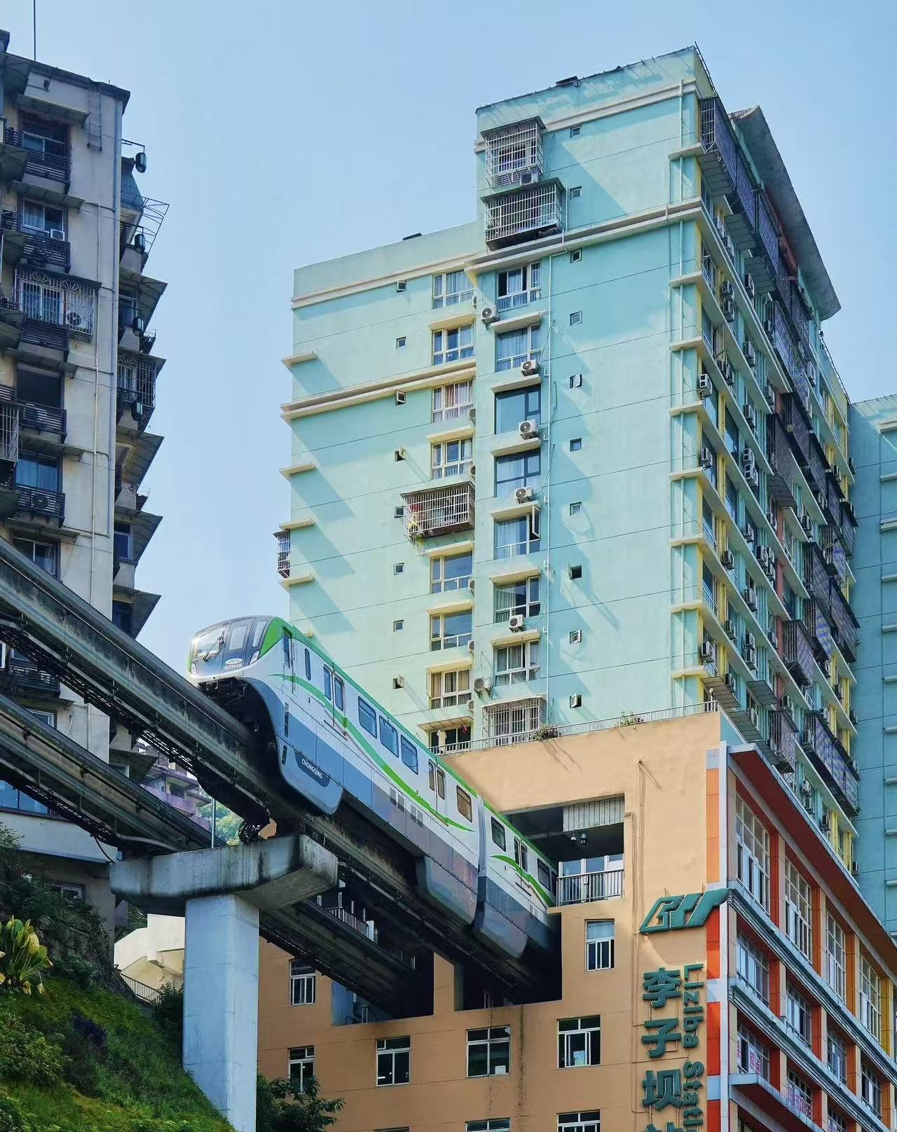 A Chongqing monorail passing through a building