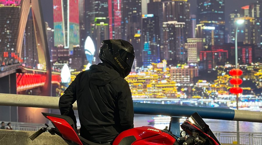 Night motorcycle photo route with Chongqing skyline lights