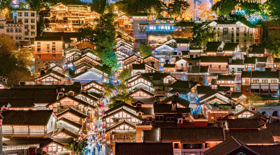Layered Shibati night streets and stairways in Chongqing