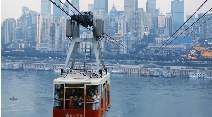 Yangtze River Cableway crossing toward the Chongqing skyline