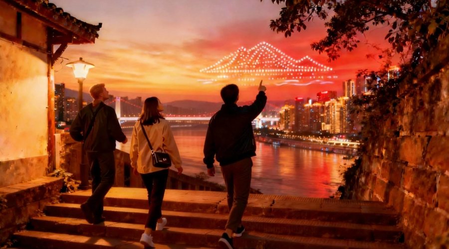 A local host guiding two travelers toward a Chongqing drone show