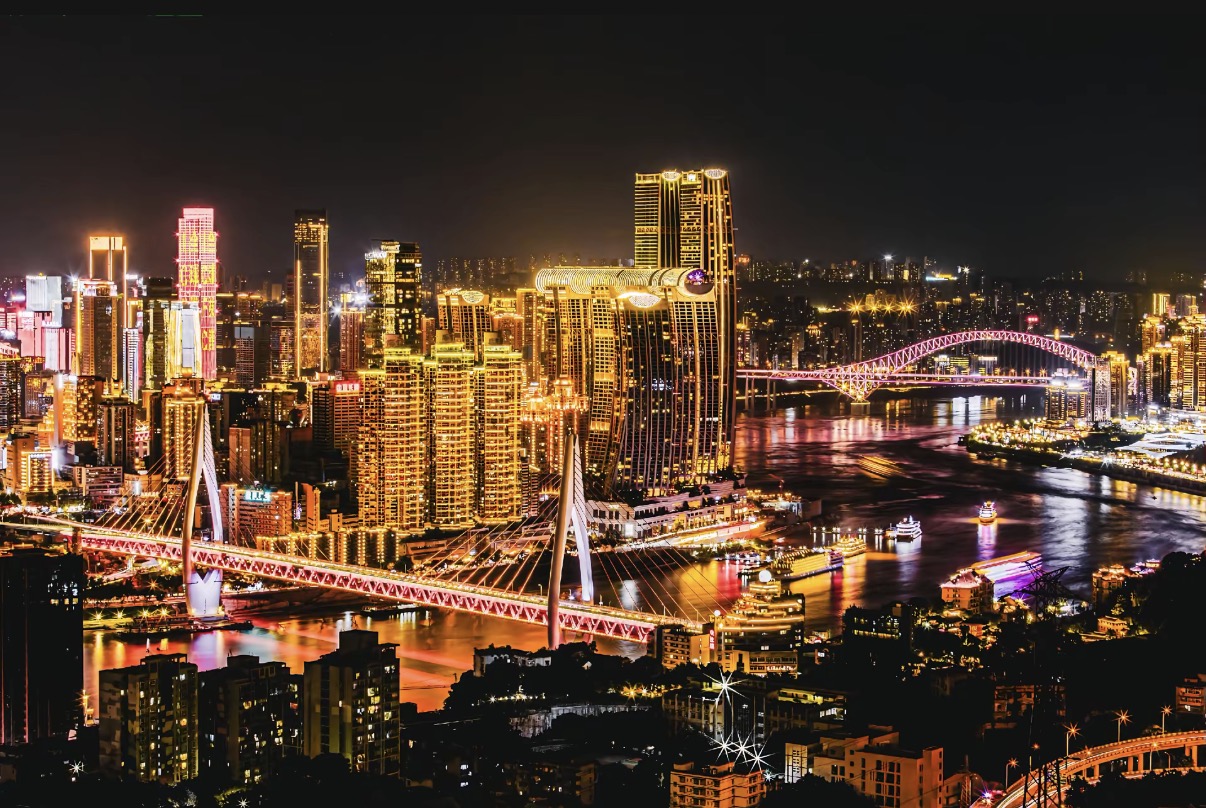 Chongqing night skyline and river cruise lights